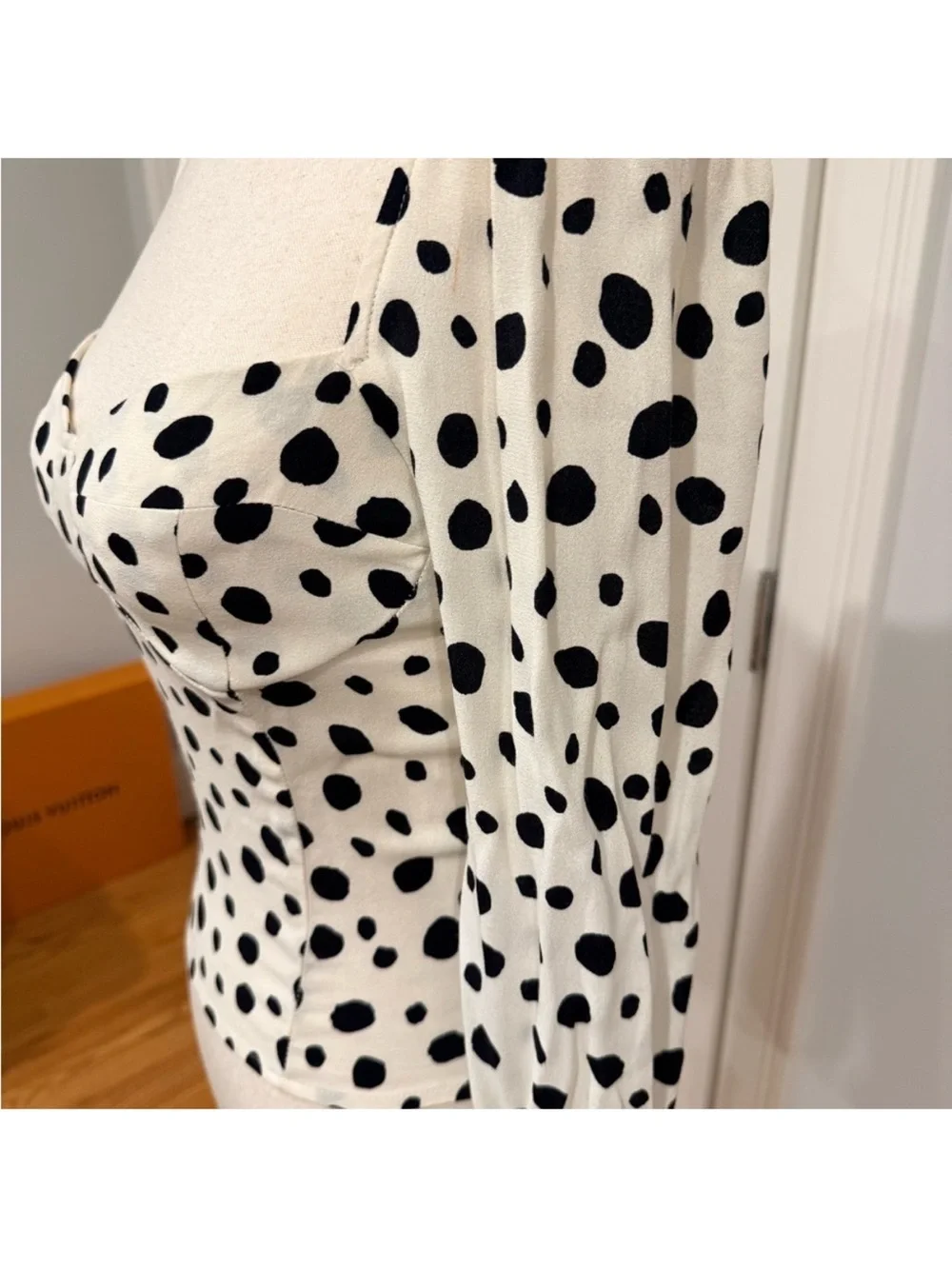 Reformation White and Black Spotted Square-Neck Long Sleeve Top